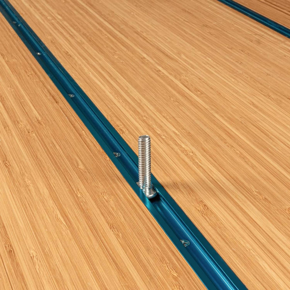 Silver T-track bolt installed in blue T-track rail on a wood surface