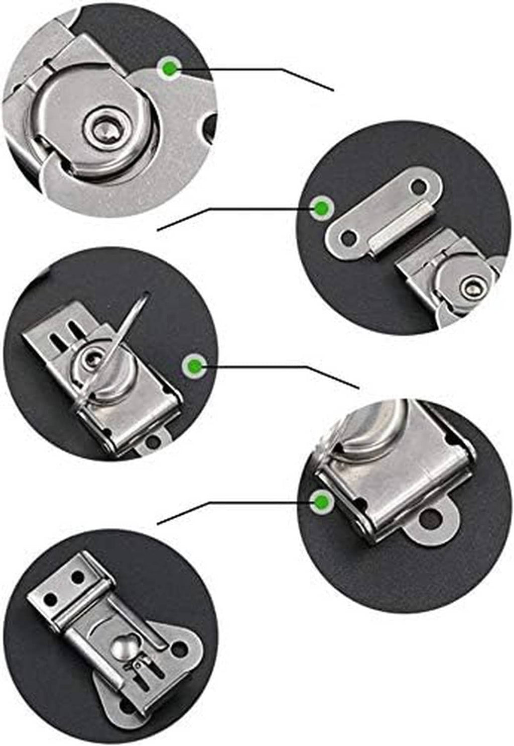 Stainless steel butterfly latch mechanism close-up with spring and locking knob