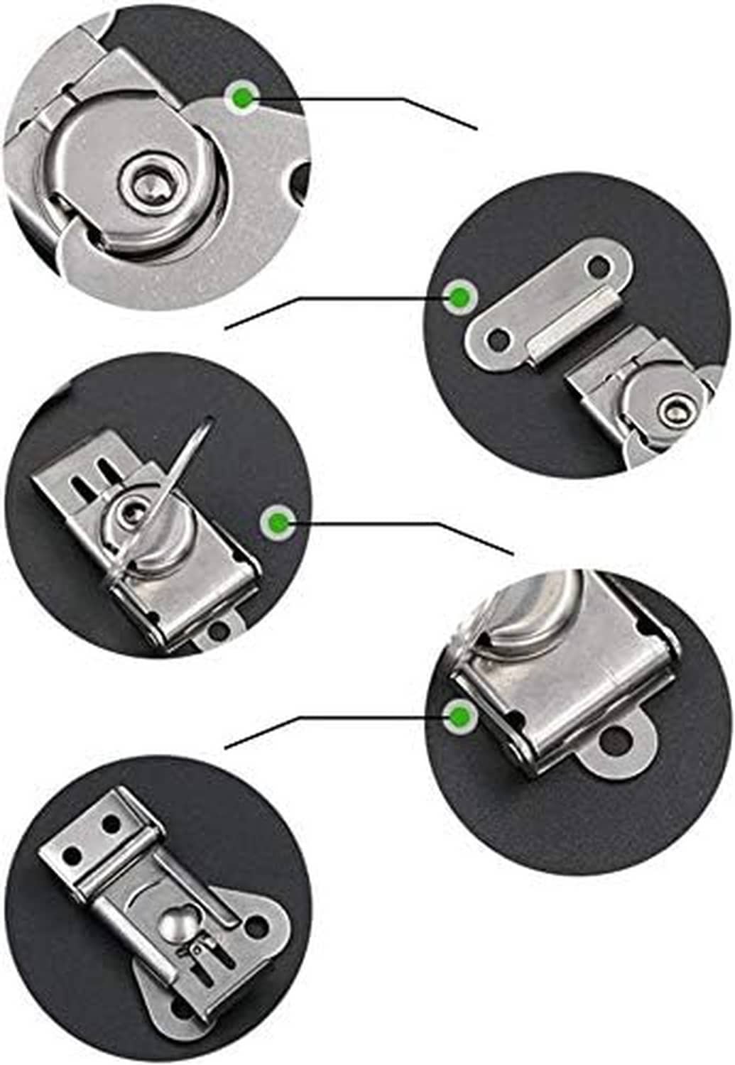Stainless steel butterfly latch mechanism close-up with spring and locking knob