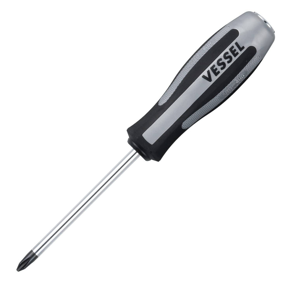 Impact cross-point screwdriver with black-and-gray handle, VESSEL logo, steel shaft.