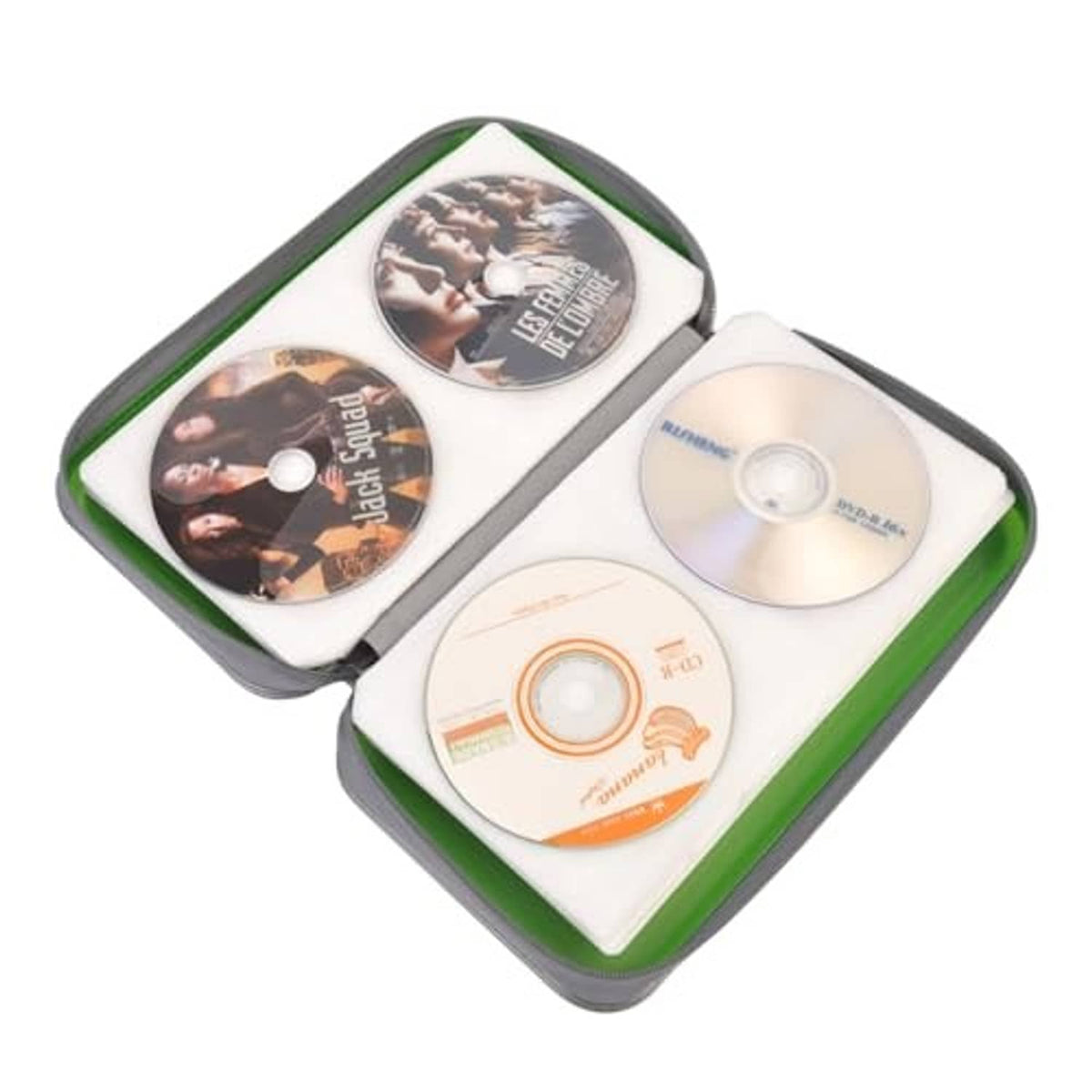 Green hard plastic CD case holding several discs in clear cover pockets