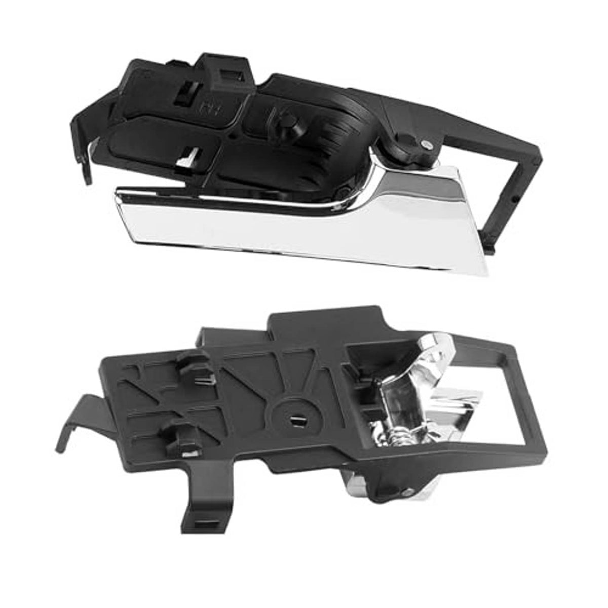 Interior door handle with chrome lever and black bracket, front and back view