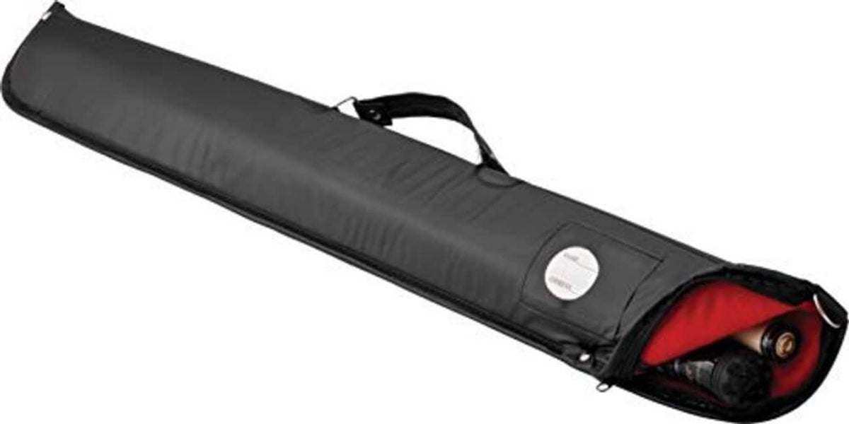 Black soft vinyl pool cue case, strap and zipper; red-lined end pocket