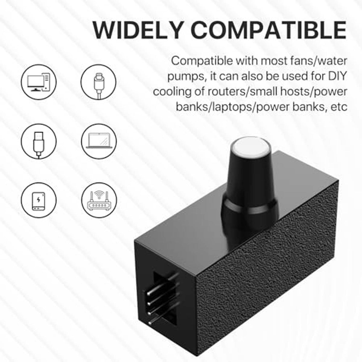 Black PWM fan controller showing side output port and power input