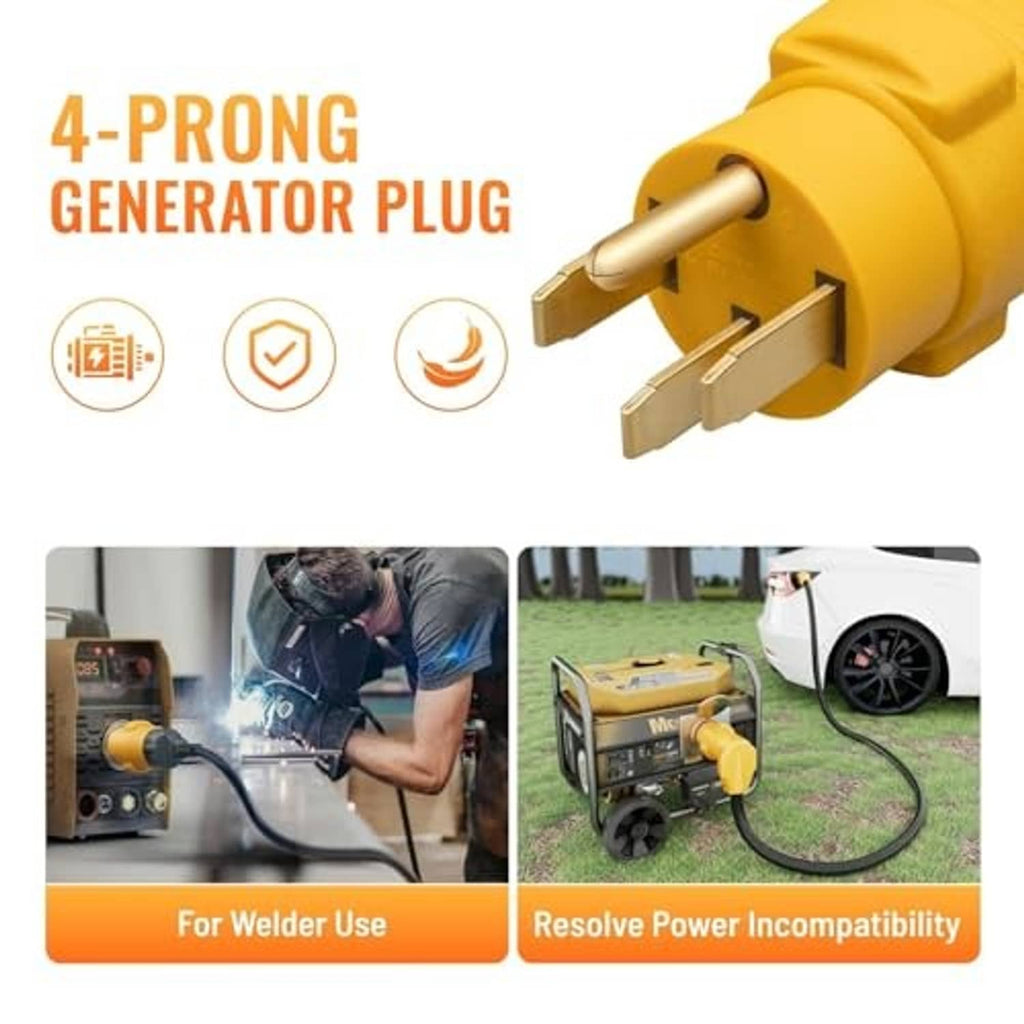 Yellow 4-prong generator plug adapter with two flat prongs and grounding pin