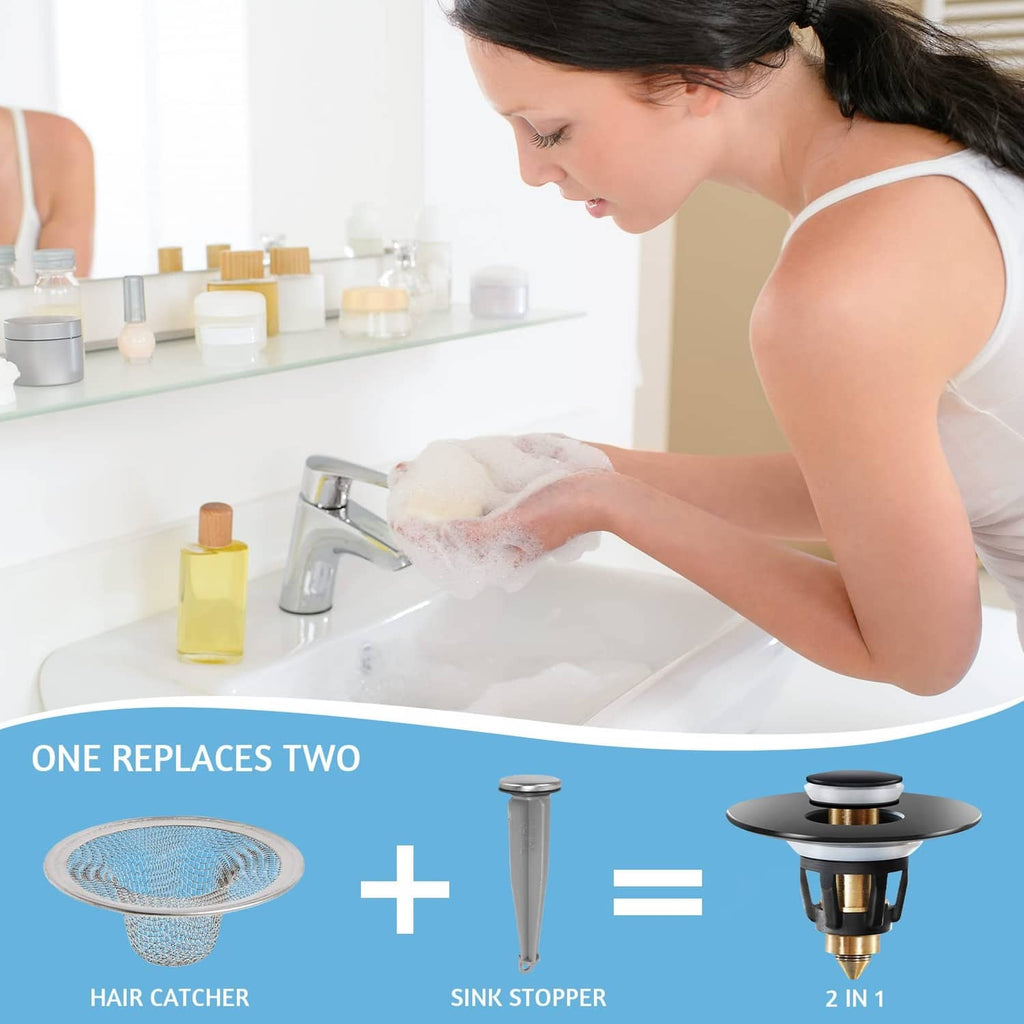 Bathroom sink with water running and matte black pop-up drain stopper in place