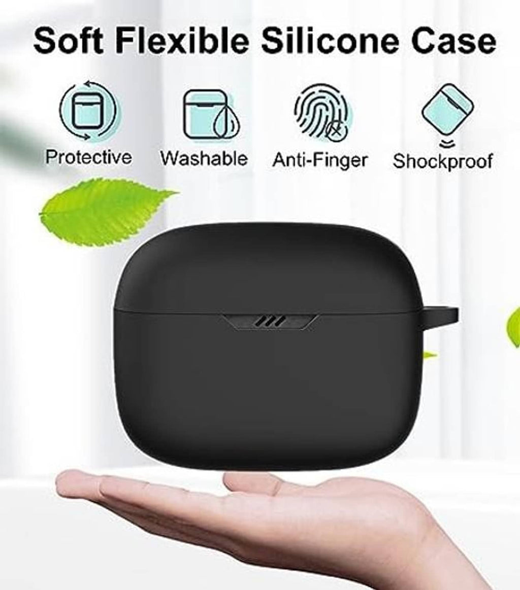 Black silicone earbud case held in hand with protective feature icons