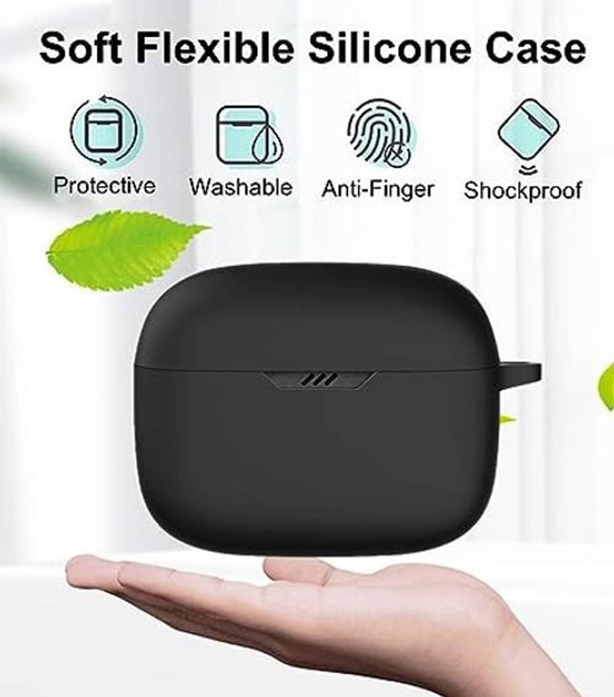 Black silicone earbud case held in hand with protective feature icons