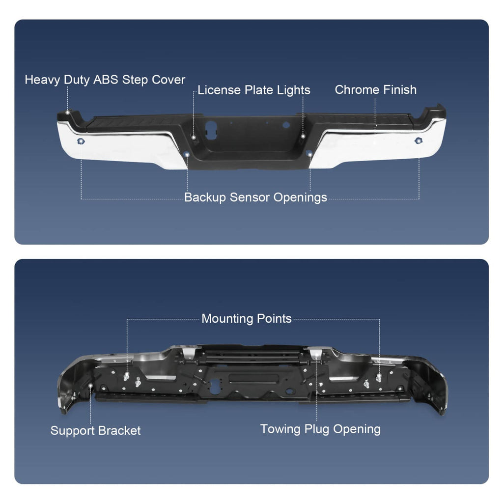 Rear step bumper features diagram showing mounting points and backing sensor openings