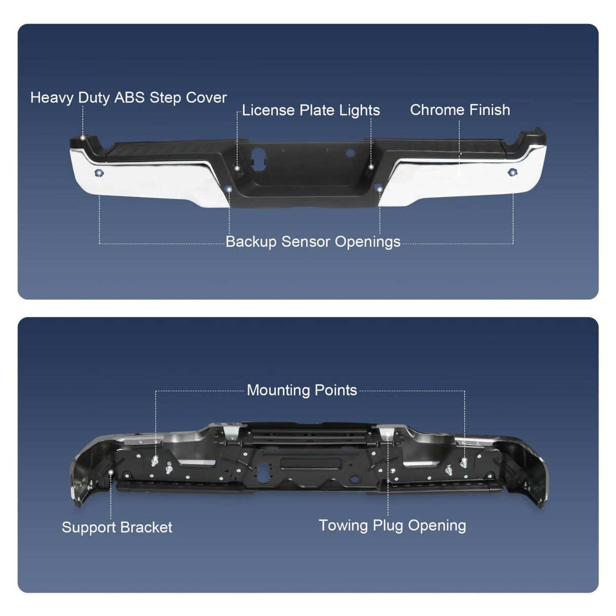 Rear step bumper features diagram showing mounting points and backing sensor openings
