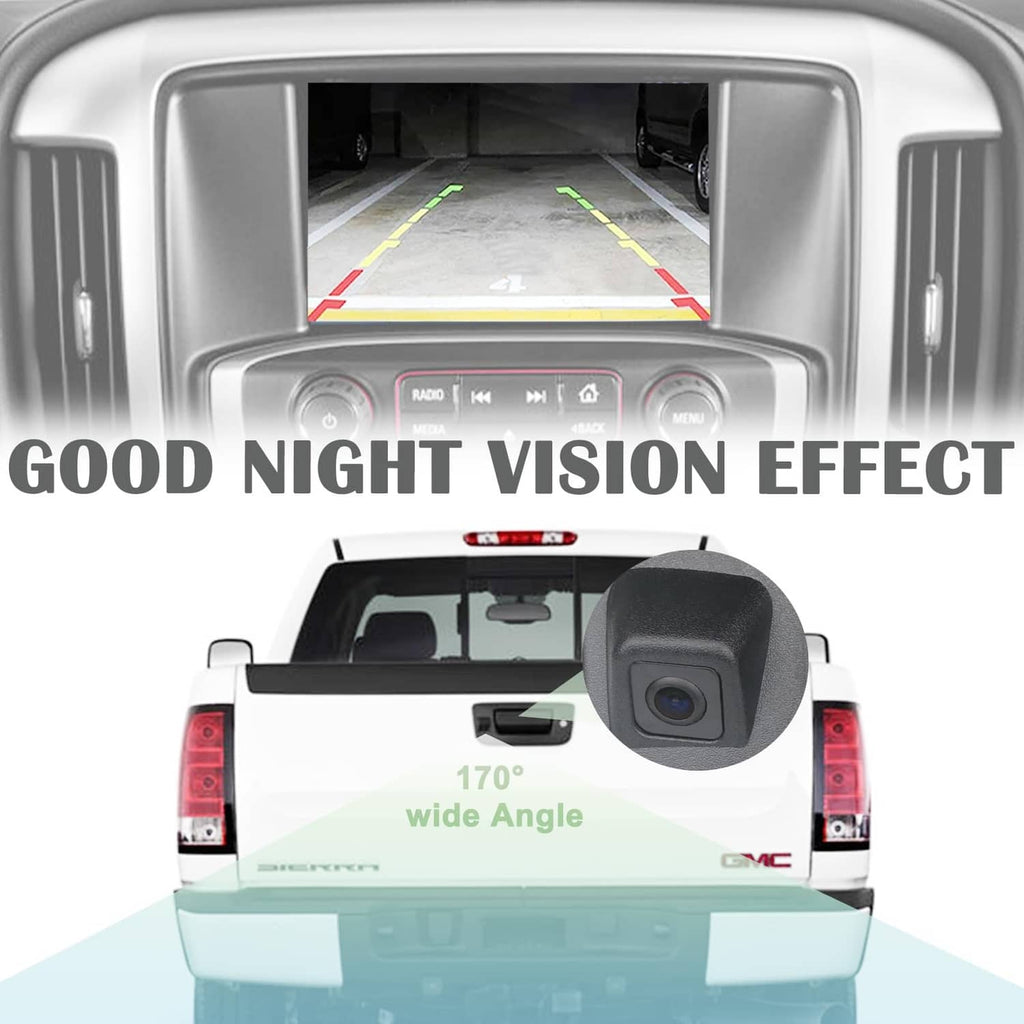 Rear view camera tailgate handle with built-in camera lens and cable connection