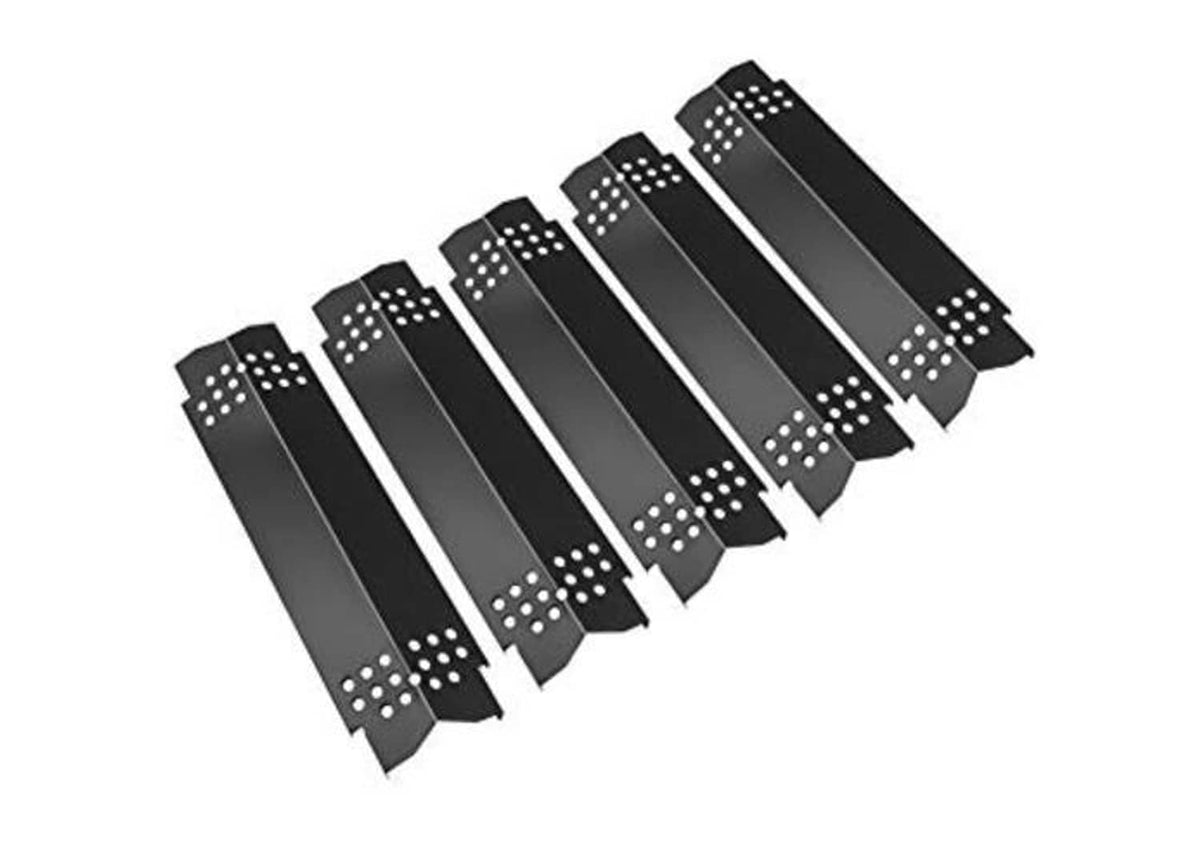 Five-pack grill heat plates with evenly spaced vent holes and raised end tabs
