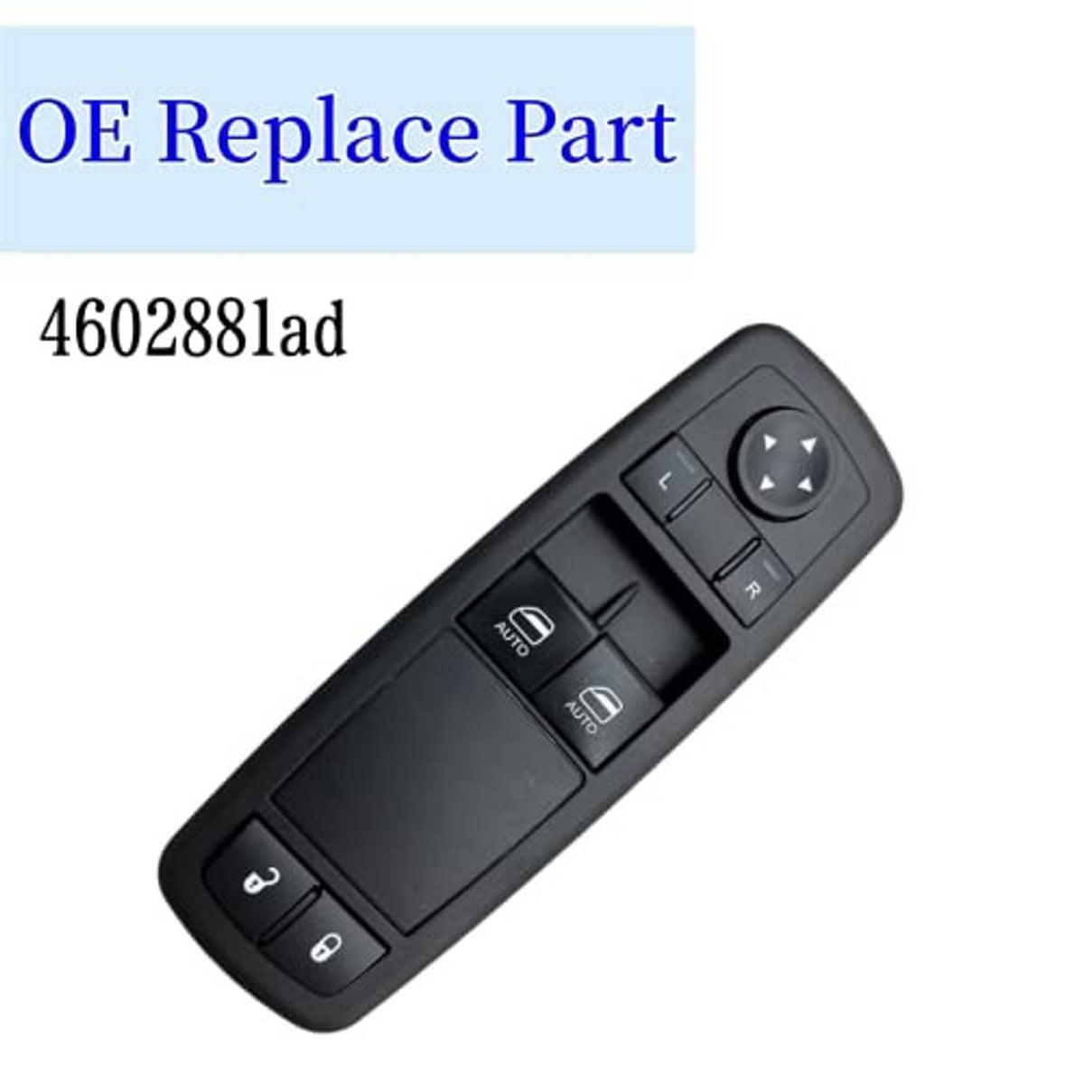 Black power window master switch with AUTO window buttons and lock/unlock icons