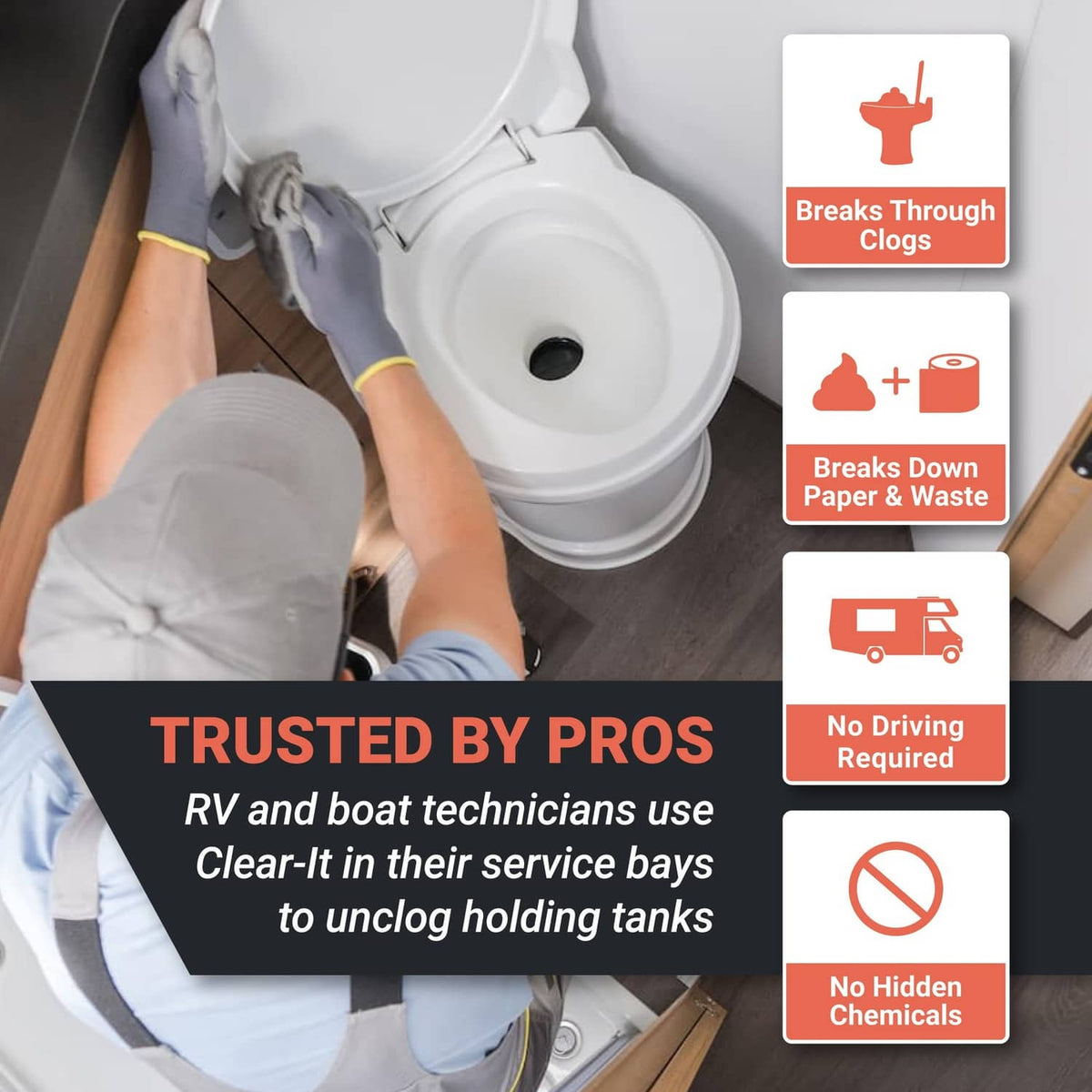 Toilet cleaning scene with Clear-It graphics: breaks through clogs, paper, and waste