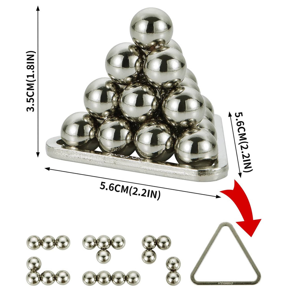 Silver-tone pyramid bead puzzle on base with loose ball pieces and triangular ring