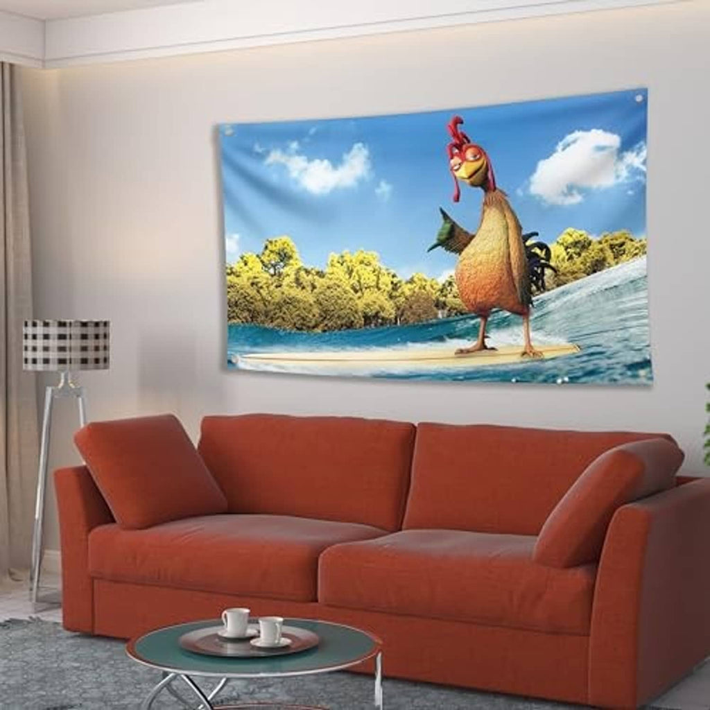 Wall-hung cartoon chicken banner poster with ocean waves and sky artwork