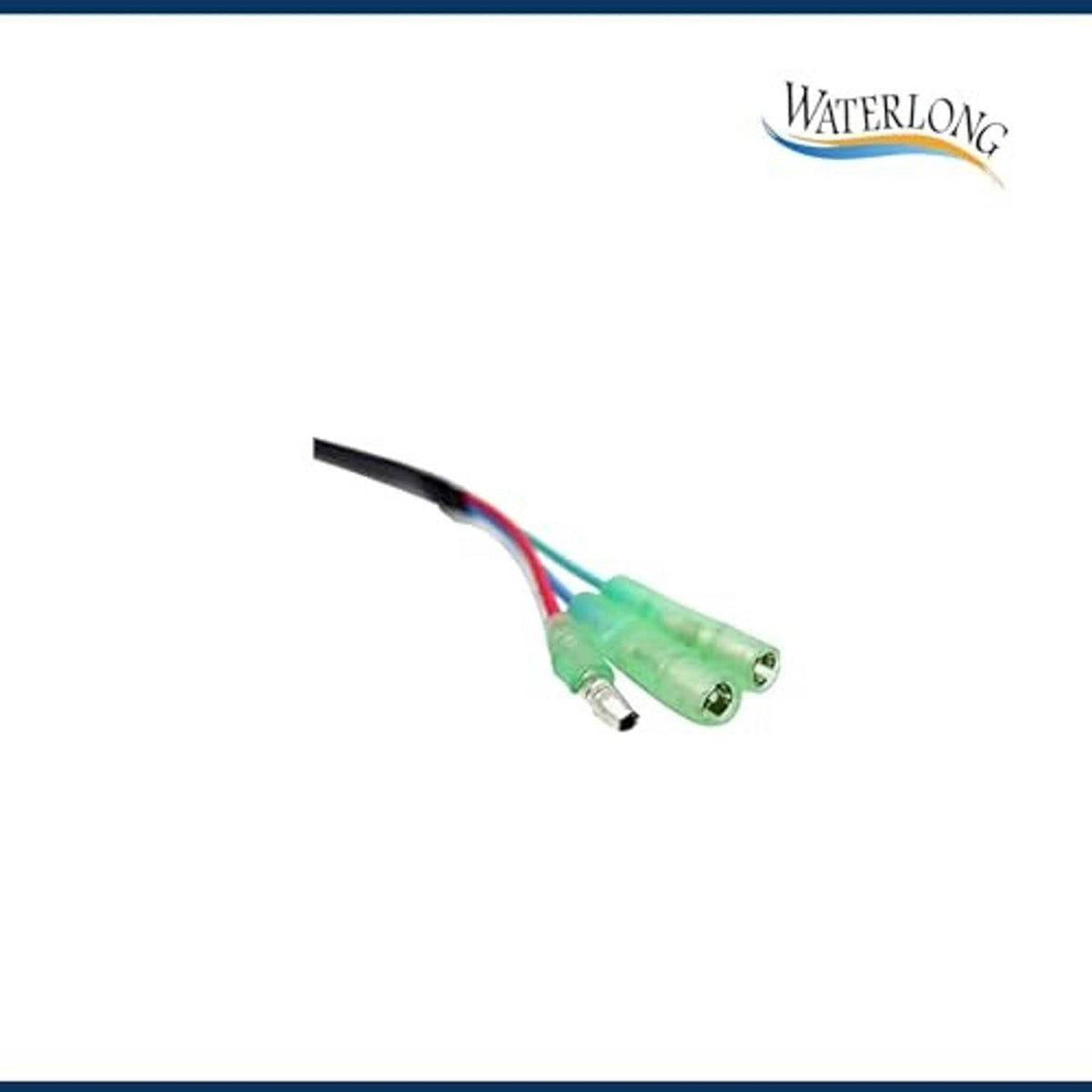 Green electrical terminal with crimp and attached red, blue, and black wire ends