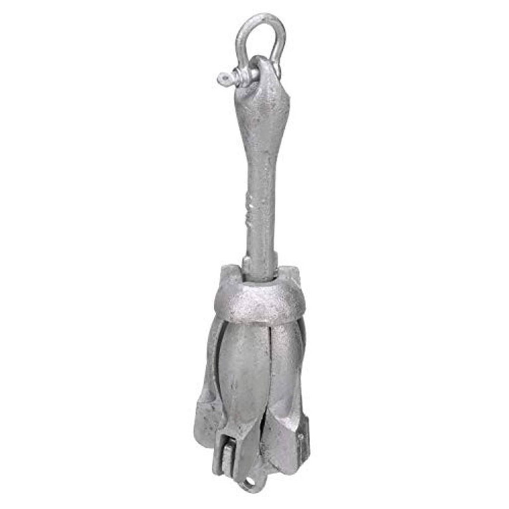 Folding grapnel anchor base with hinged flukes and locking parts, silver galvanized finish