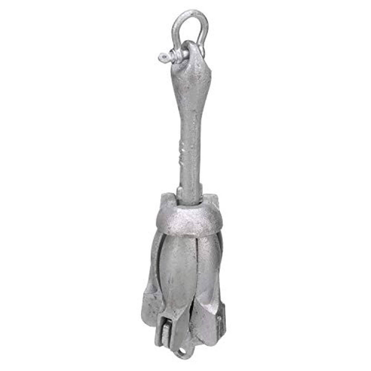 Folding grapnel anchor base with hinged flukes and locking parts, silver galvanized finish