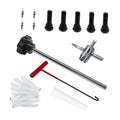 Black tire valve tool kit: long rod, T-handle, core remover, caps, gloves