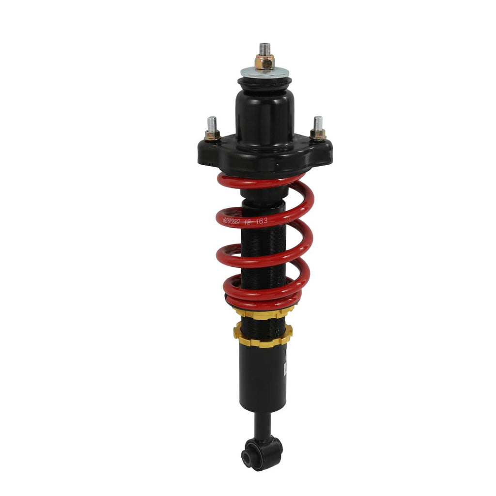 Coilover strut with black body, red spring, and gold top ring with mounting studs