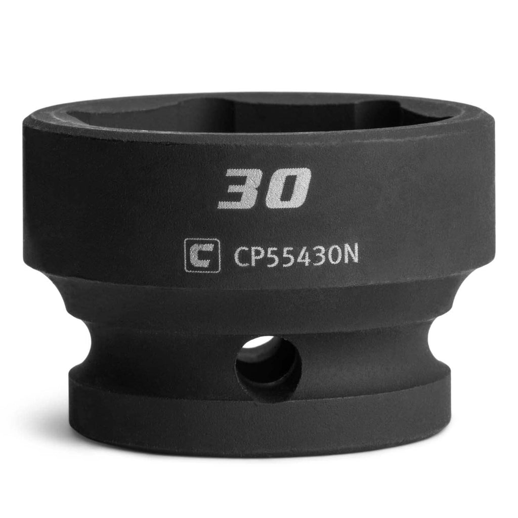 30 mm impact socket, 1/2 in drive, black 6-point stubby, stamped markings