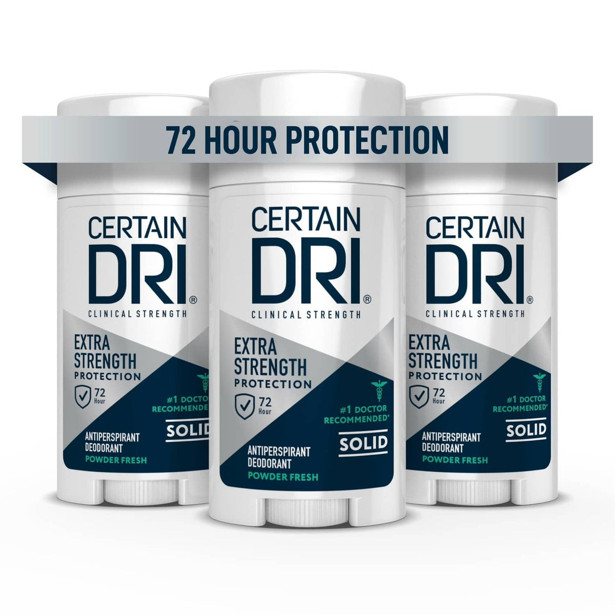 Solid clinical-strength antiperspirant deodorant, extra strength, pack of three white tubs