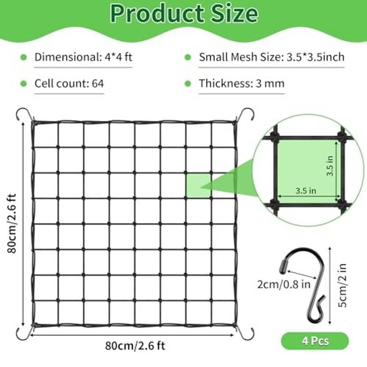 4x4 scrog trellis netting with small mesh squares and four corner hooks, size shown