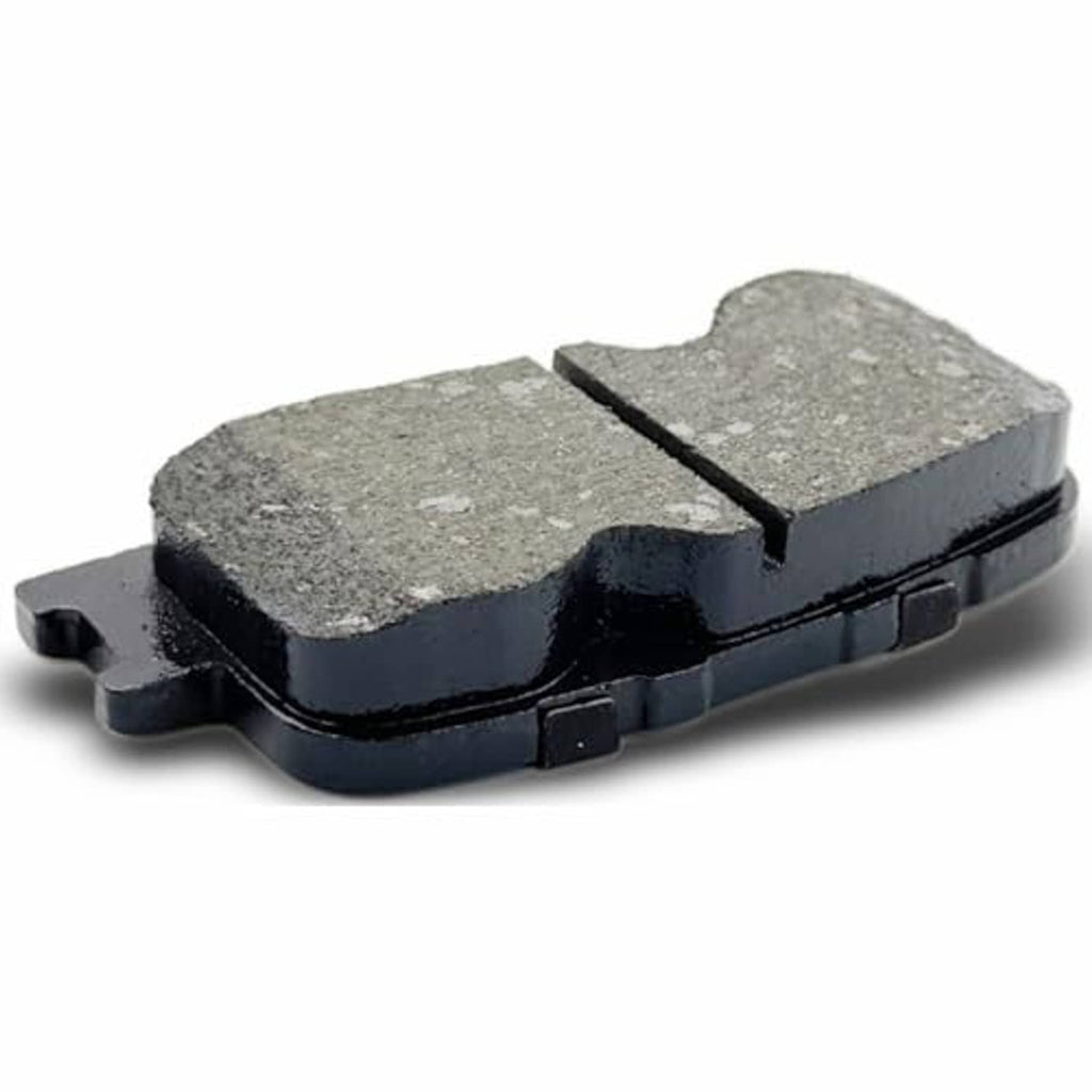 Ceramic brake pads, gray friction material with black backing and side tabs