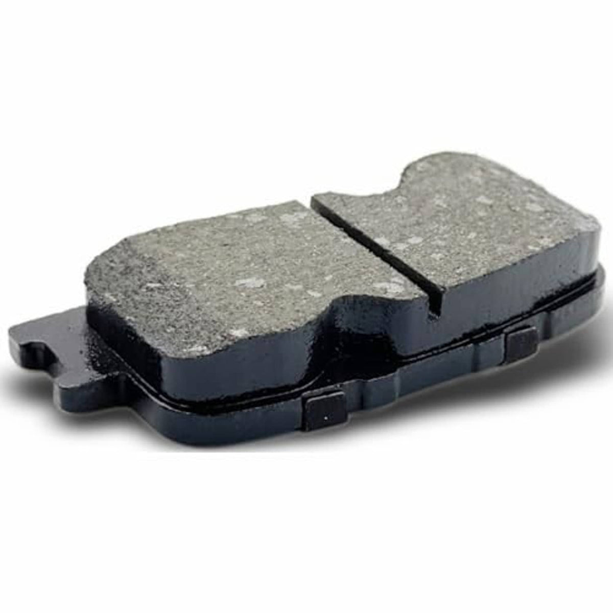 Ceramic brake pads, gray friction material with black backing and side tabs