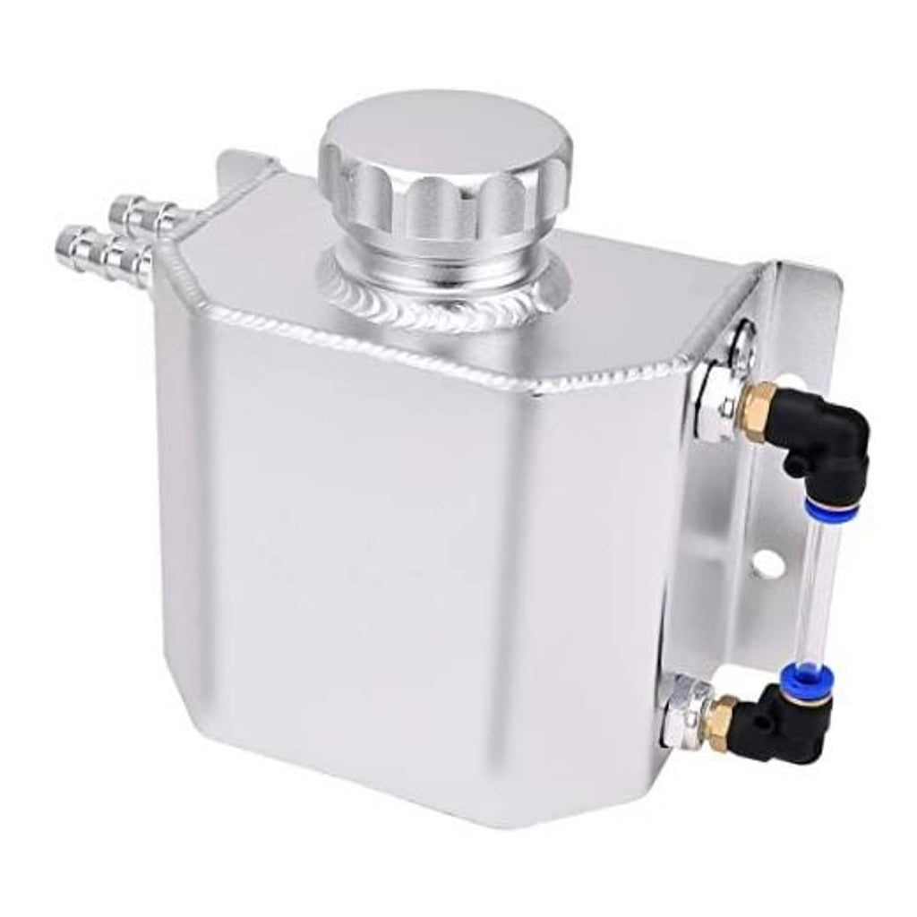 Silver aluminum coolant recovery tank with top cap and dual side hose connections