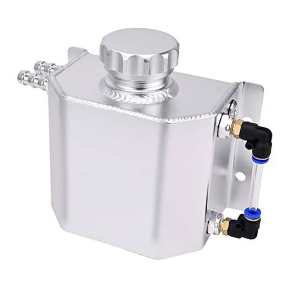 Silver aluminum coolant recovery tank with top cap and dual side hose connections