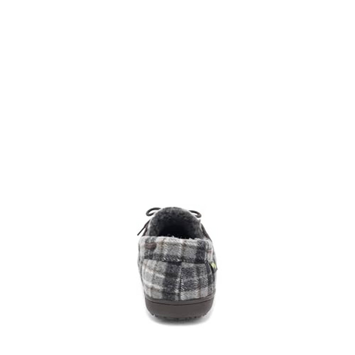 Grey plaid moccasin slippers rear view with fuzzy lining and lace bow
