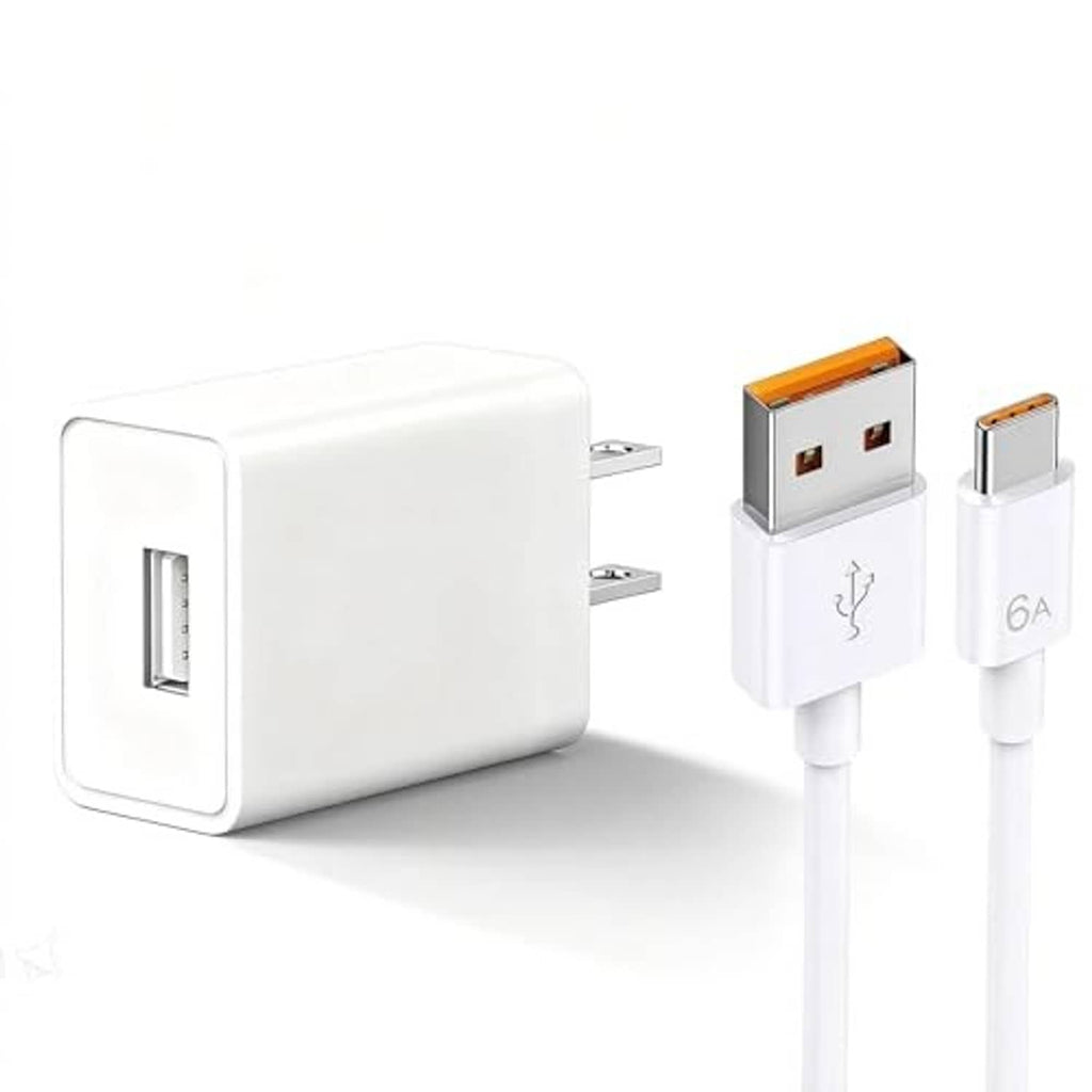 White wall charger adapter with two-prong plug and USB-C cable connector set