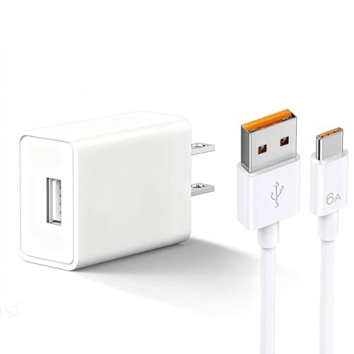 White wall charger adapter with two-prong plug and USB-C cable connector set
