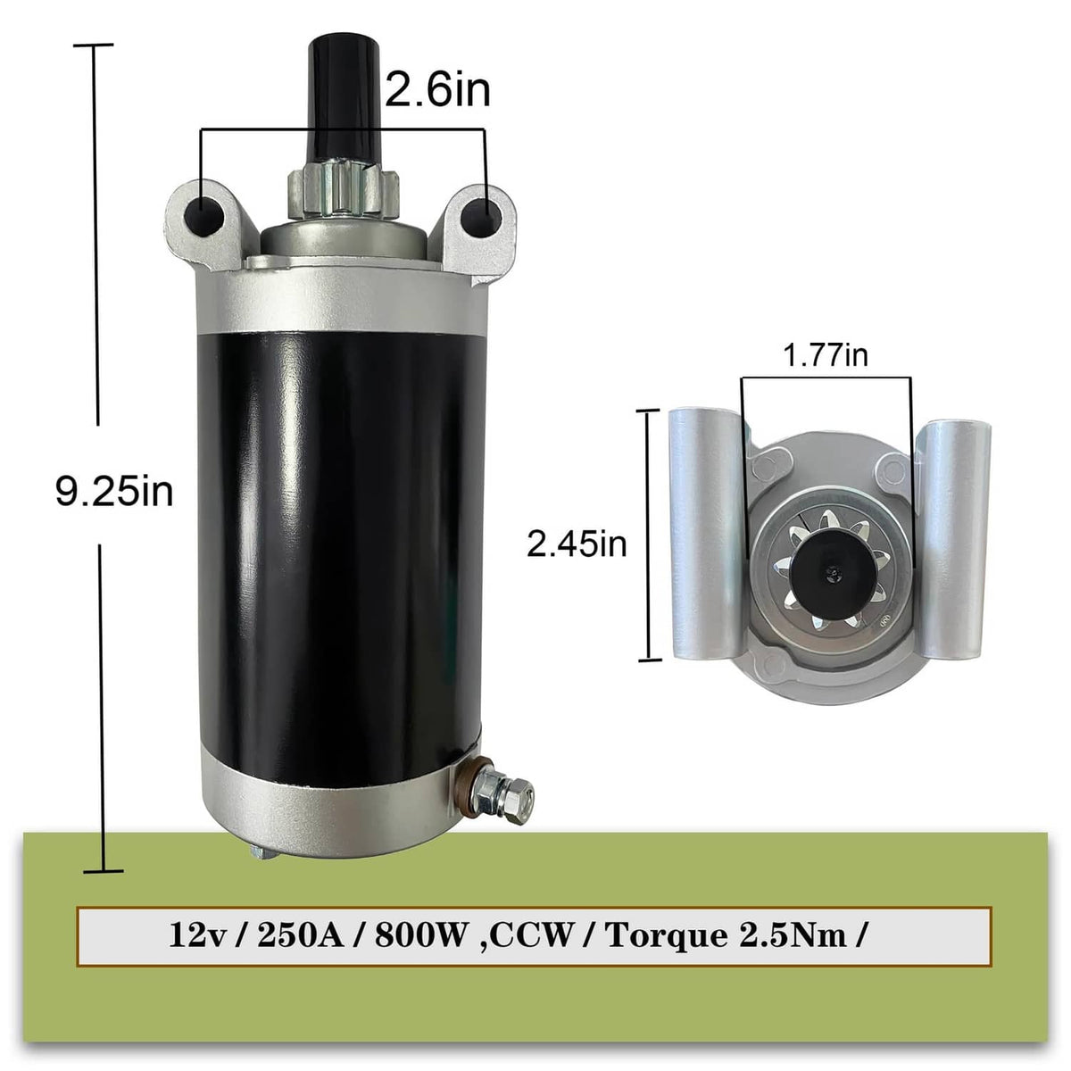 Lawn mower starter motor with fan end, mounting bracket, and measured dimensions