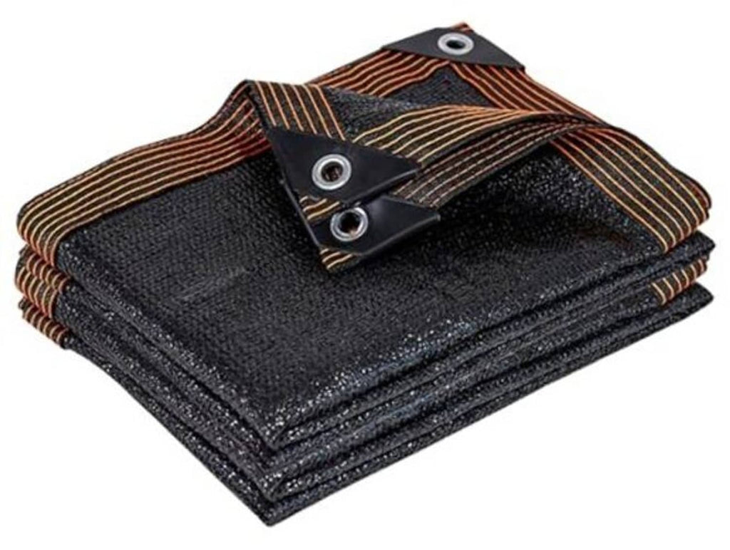 Black mesh shade cloth tarp with brown striped border and metal grommets