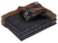 Black mesh shade cloth tarp with brown striped border and metal grommets