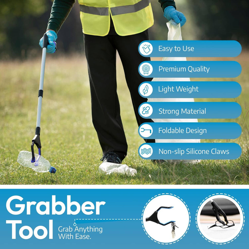 Grabber reacher tool used outdoors with non-slip silicone claws on grass, blue handle