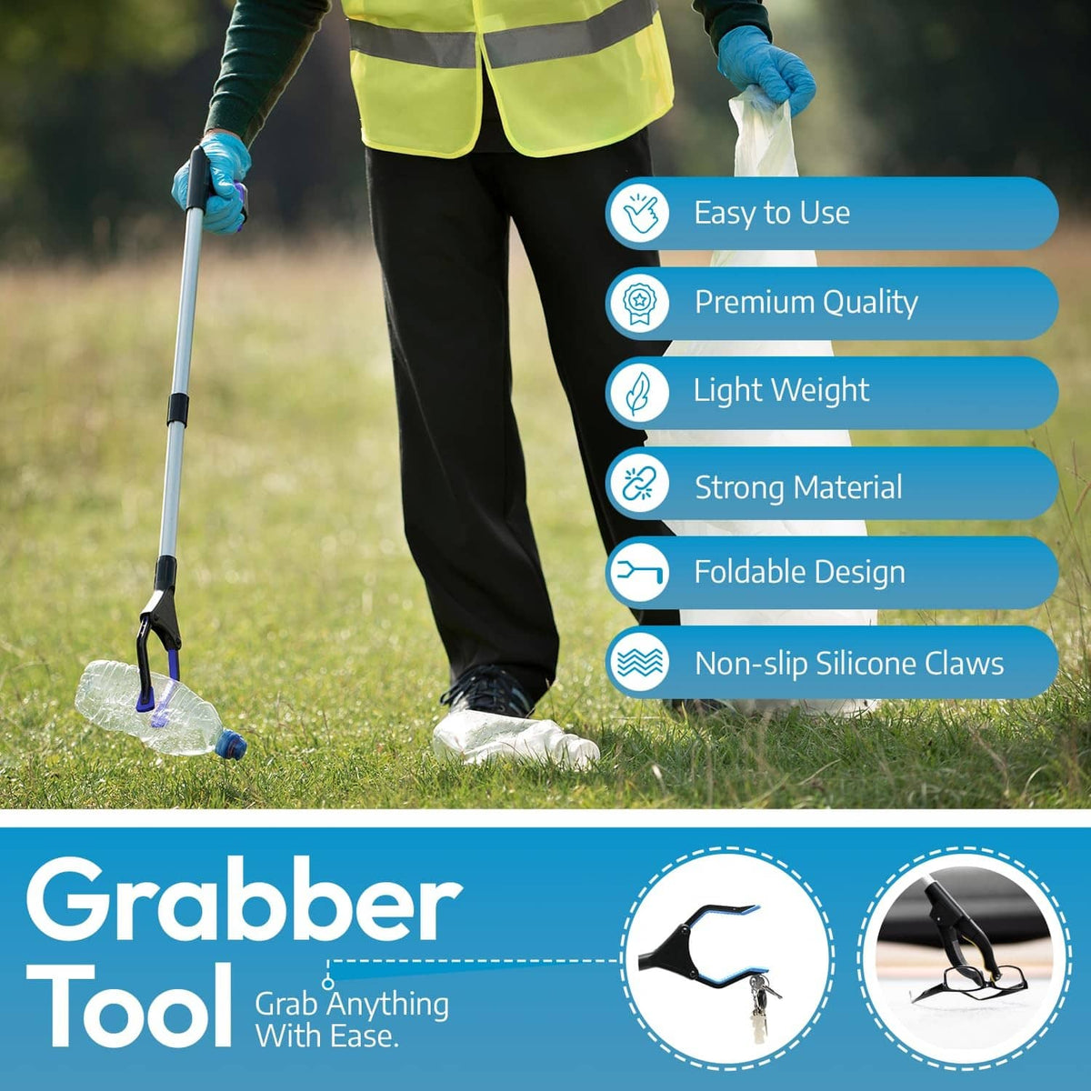 Grabber reacher tool used outdoors with non-slip silicone claws on grass, blue handle