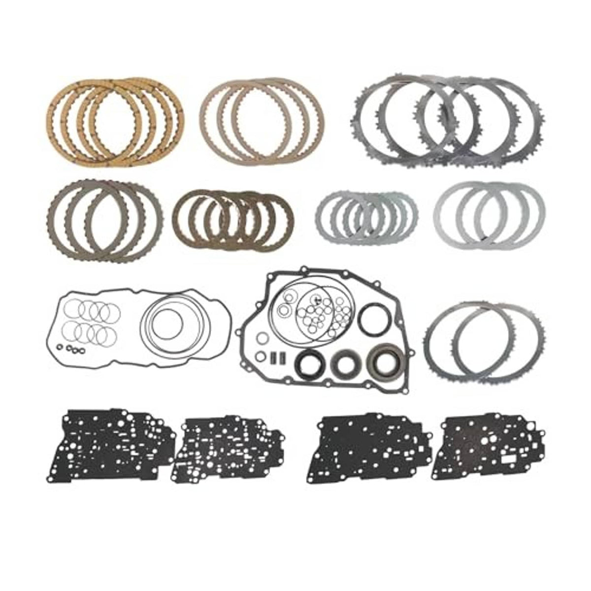 Transmission master rebuild kit parts set with bronze and dark rings, gaskets, and friction plates