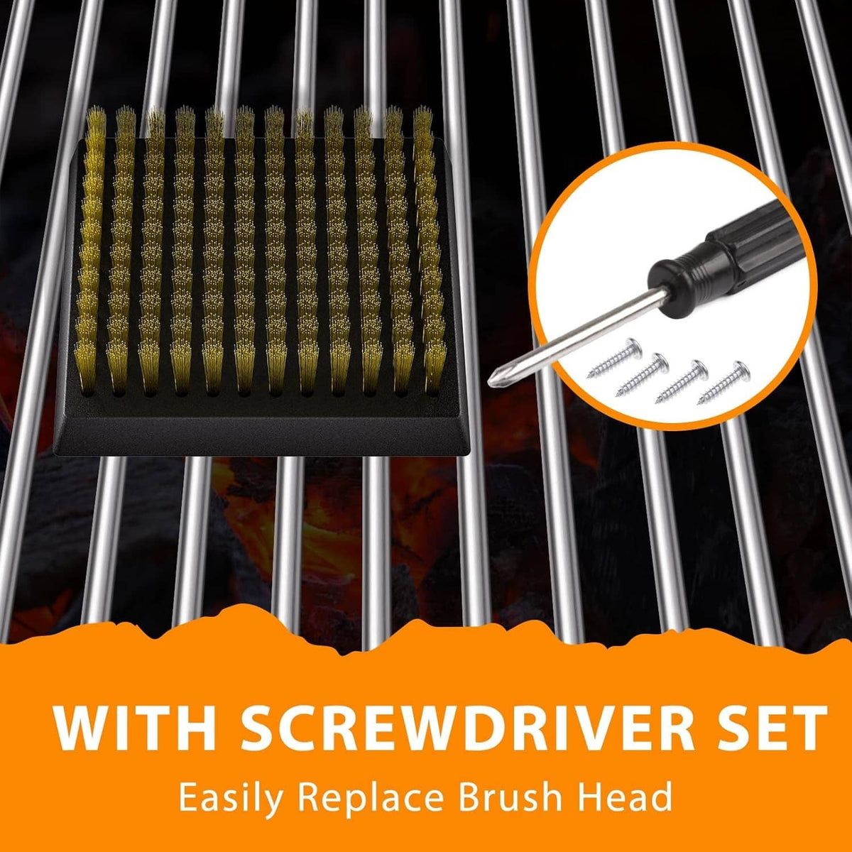 Copper wire bristles in a grill brush head with screwdriver tool for replacement
