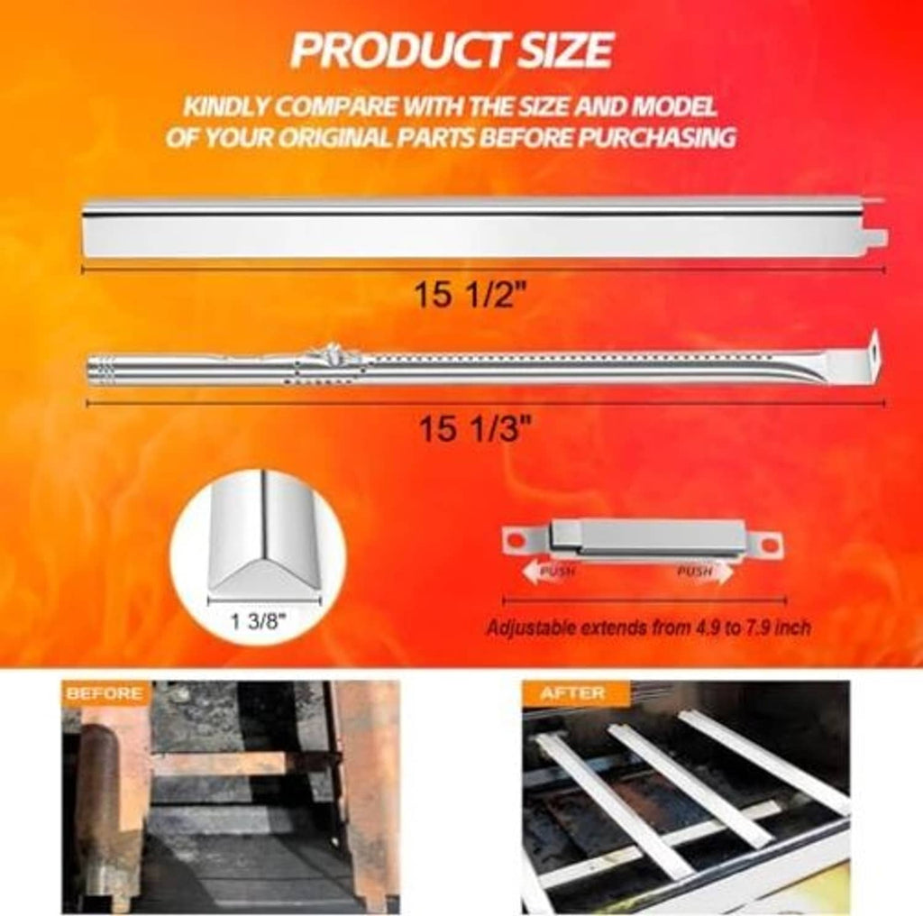 Stainless steel gas burner set with long bar burners shown with size comparison