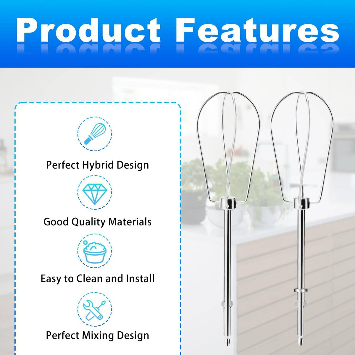 Stainless steel hand mixer beaters (2-pack) with wire whisk heads and plug stems