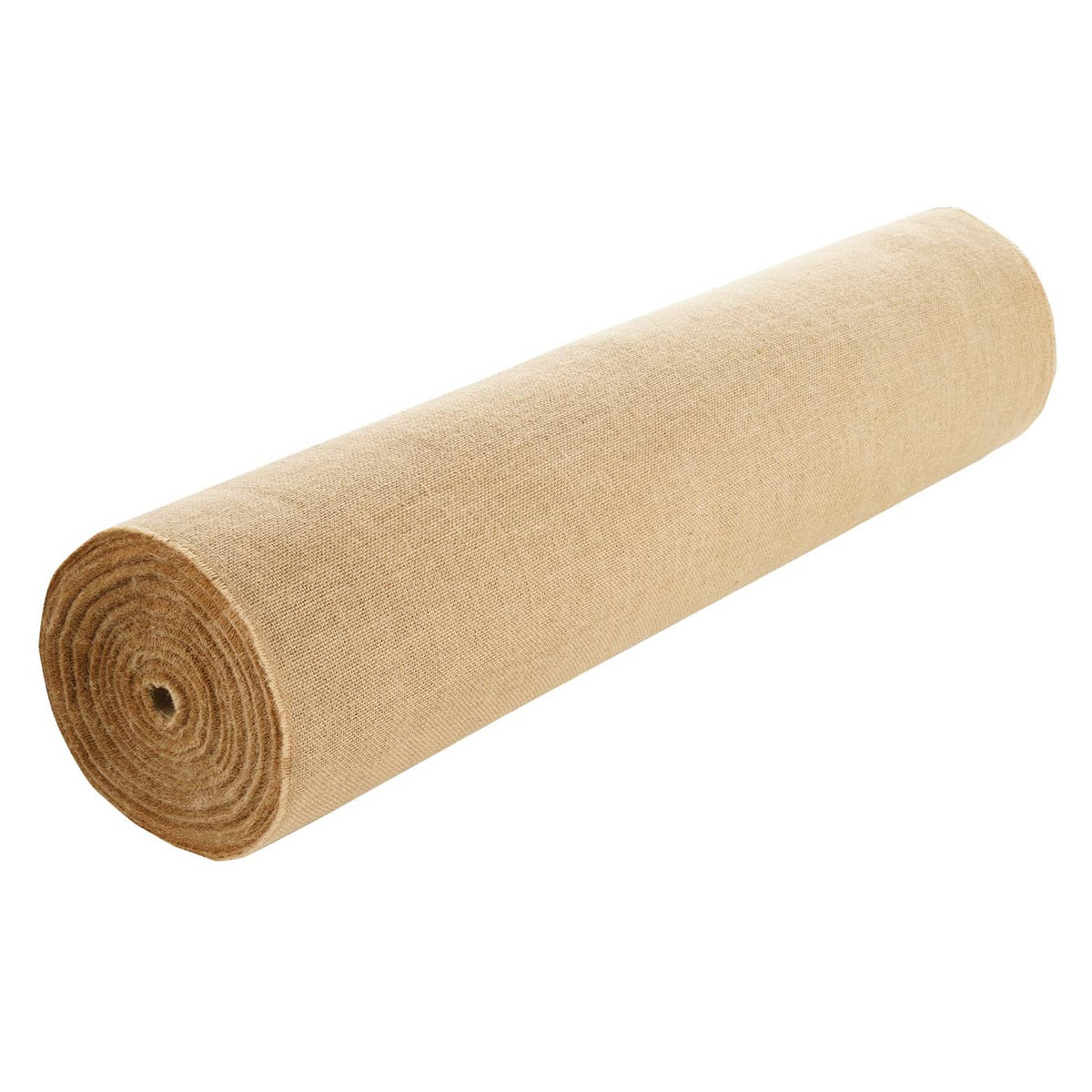 Tan burlap fabric roll, tightly wound woven texture for crafts and plants