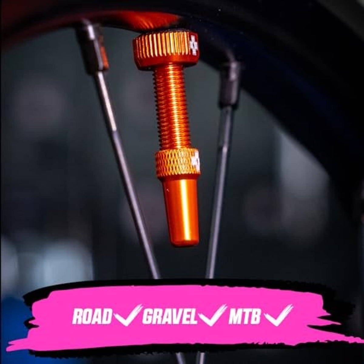 Orange Presta tubeless valve with textured base and protective cap end.