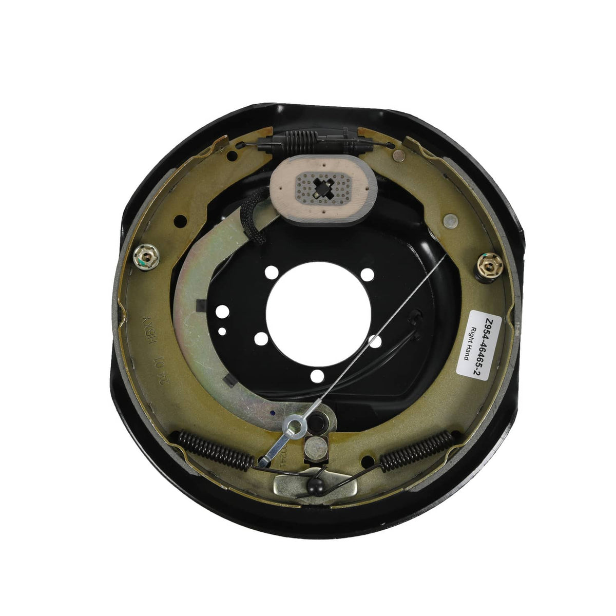 Single electric trailer brake backing plate, round hub opening, olive and black components.