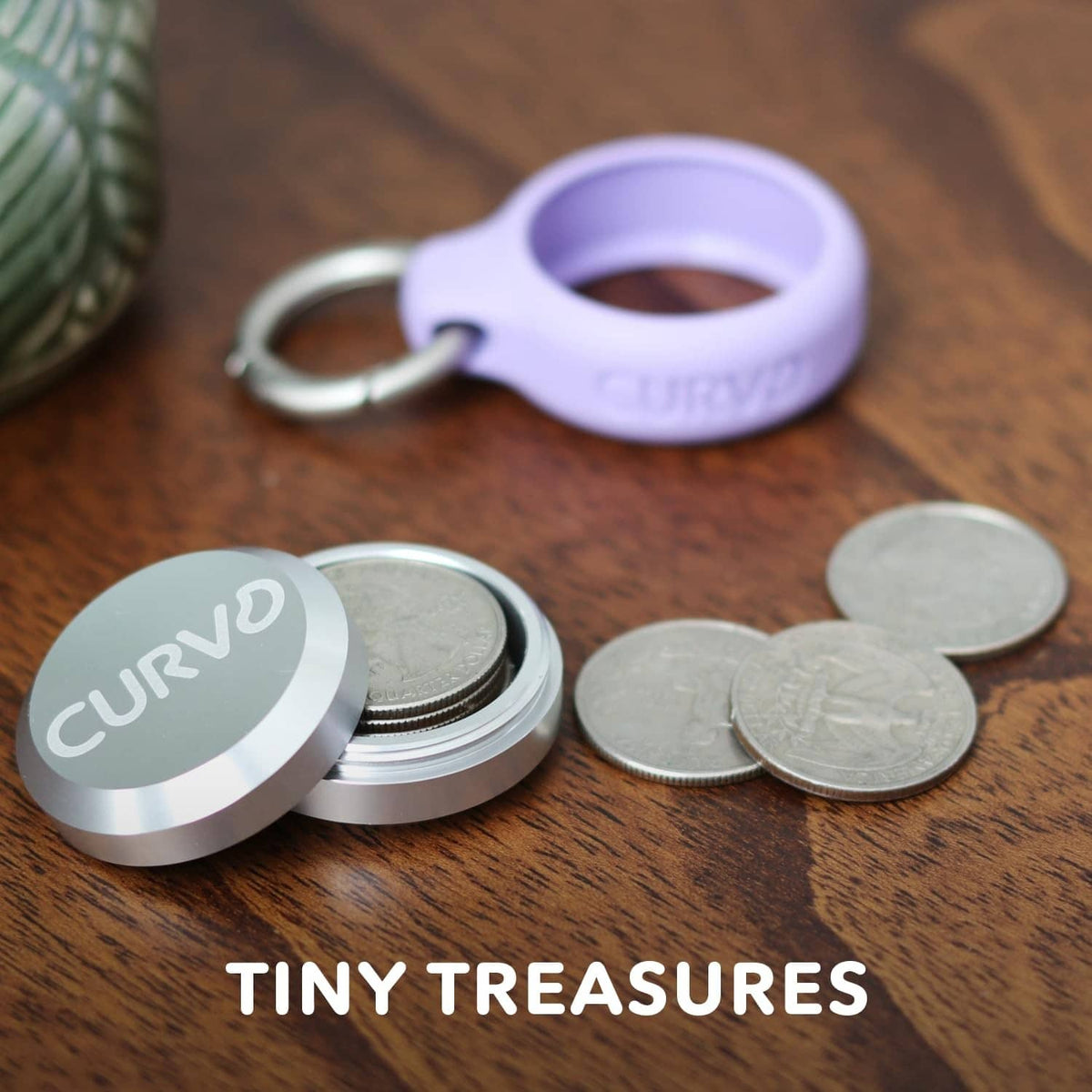 Lavender and gray keychain cases with coins and metal spring clips