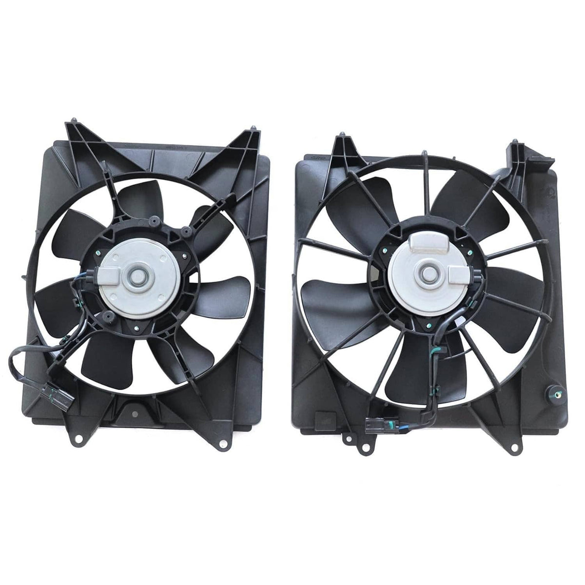 AC condenser radiator cooling fan assembly with two black shrouded electric fans