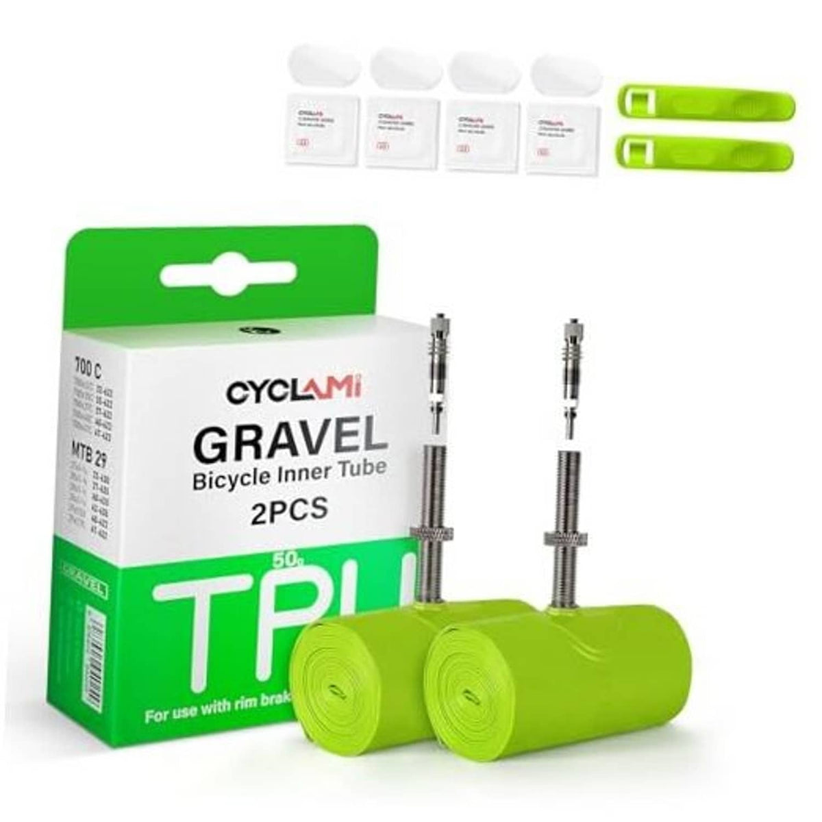 Gravel bike inner tube 2-pack with green TPU rolls and two metal valve stems